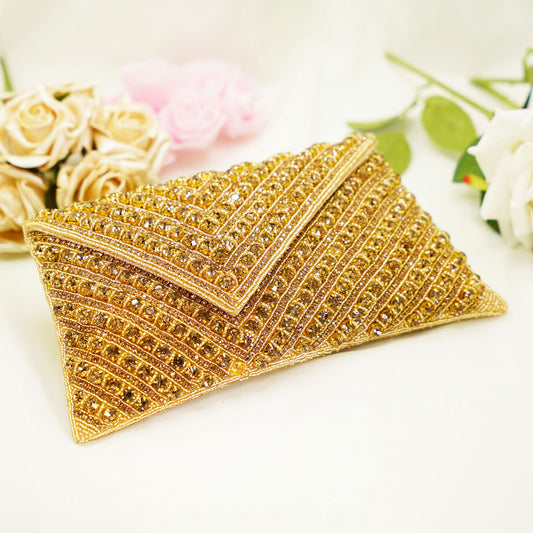 Golden Crystal Beaded Party Clutch – Envelope Style