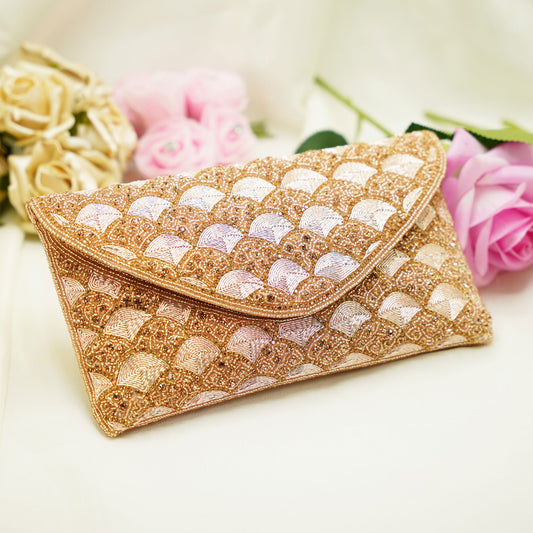 Champagne Shell Beaded Clutch – Hand-Embroidered Party Purse