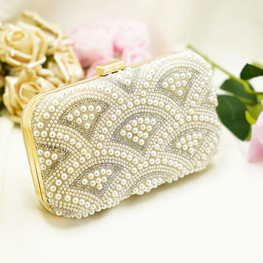 Pearl & Crystal Embellished Clutch – Elegant Ivory Purse