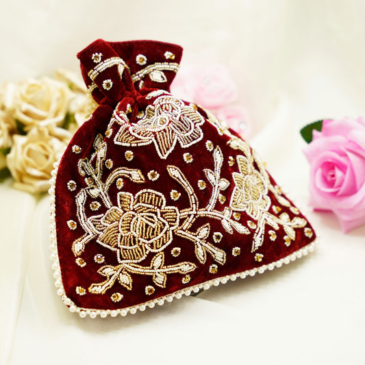 Maroon Velvet Potli Bag – Embroidered Floral Party Purse