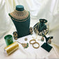 Green & Gold Party Jewellery Set with Statement Necklace, Jhumka Earrings & Embroidered Potli