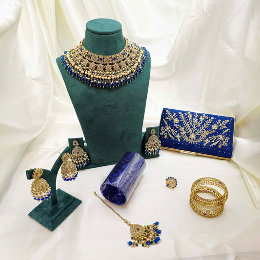 Royal Blue & Gold Partywear Jewellery Set – Modest  Occasion Wear with Choker, Earrings, Bangles & Clutch