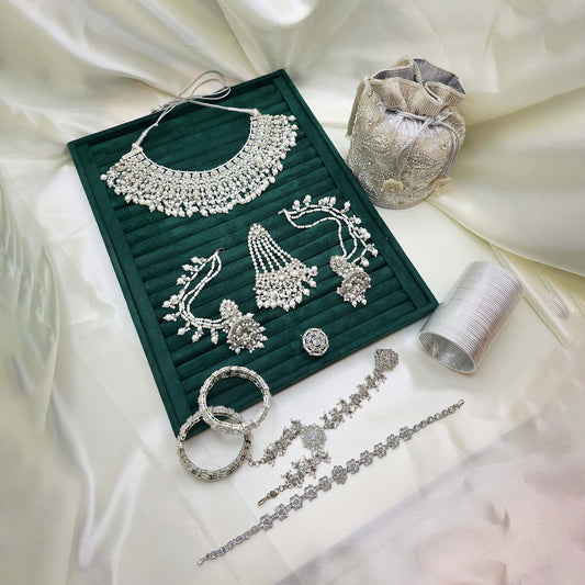 Silver & White Party Jewellery Set with Pearl Detailing, Bridal Bangles & Beaded Potli