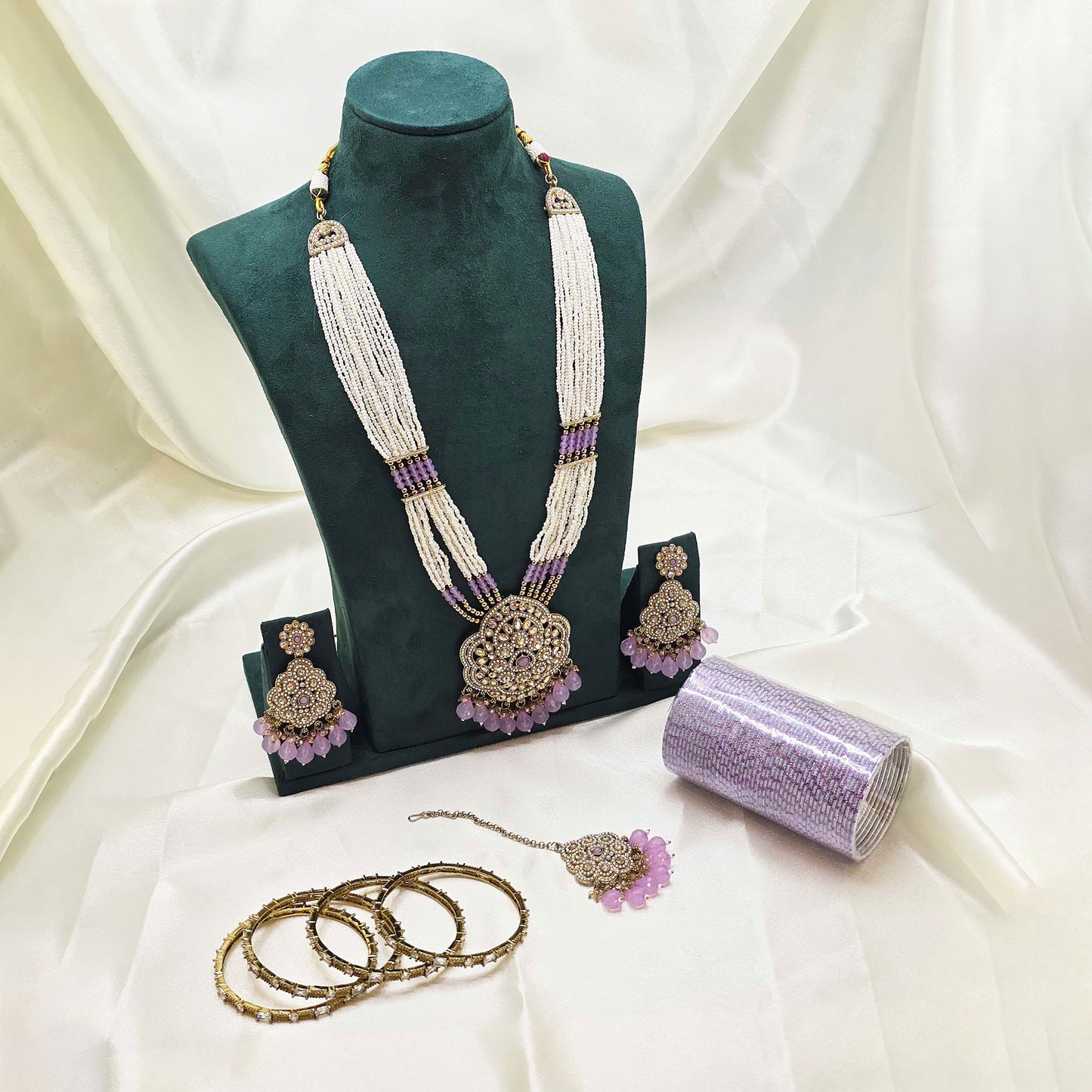 Pearl & Lavender  Partywear Jewellery Set – Modest Long Necklace, Earrings, Bangles & Tikka