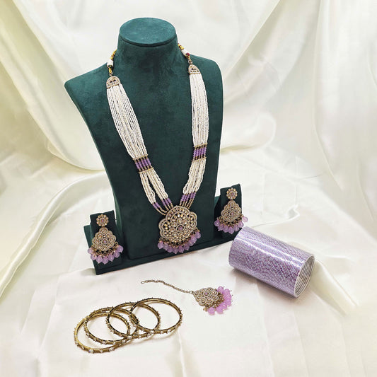 Pearl & Lavender  Partywear Jewellery Set – Modest Long Necklace, Earrings, Bangles & Tikka
