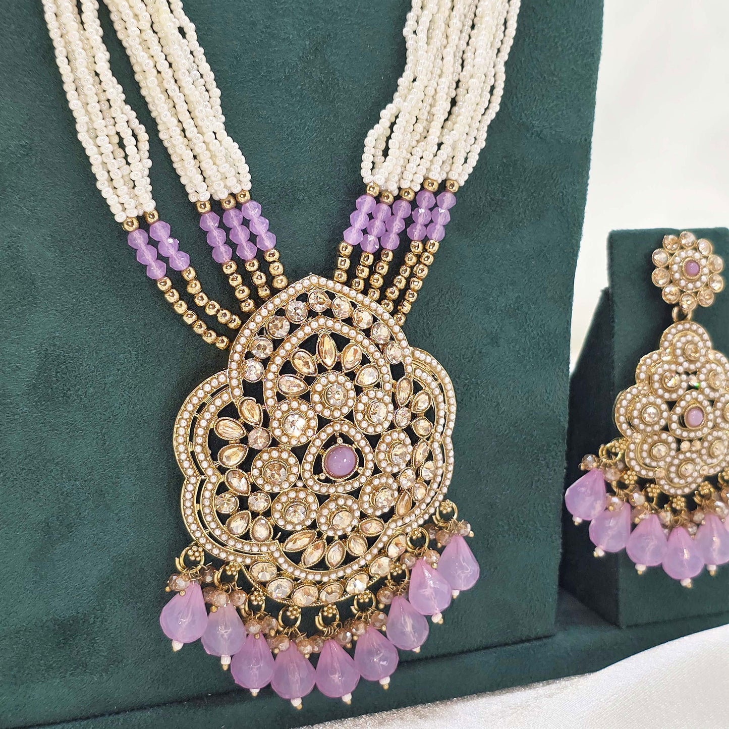 Pearl & Lavender  Partywear Jewellery Set – Modest Long Necklace, Earrings, Bangles & Tikka