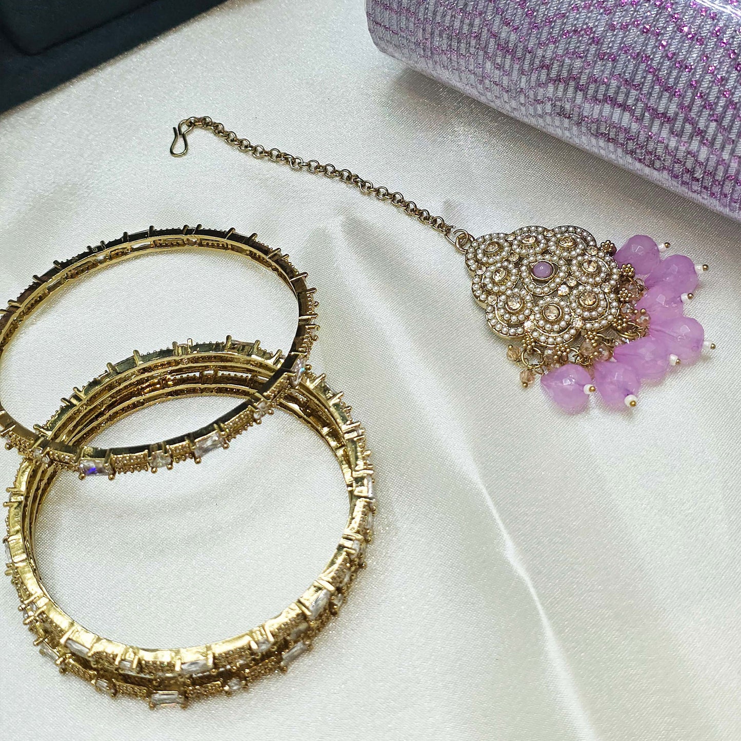 Pearl & Lavender  Partywear Jewellery Set – Modest Long Necklace, Earrings, Bangles & Tikka