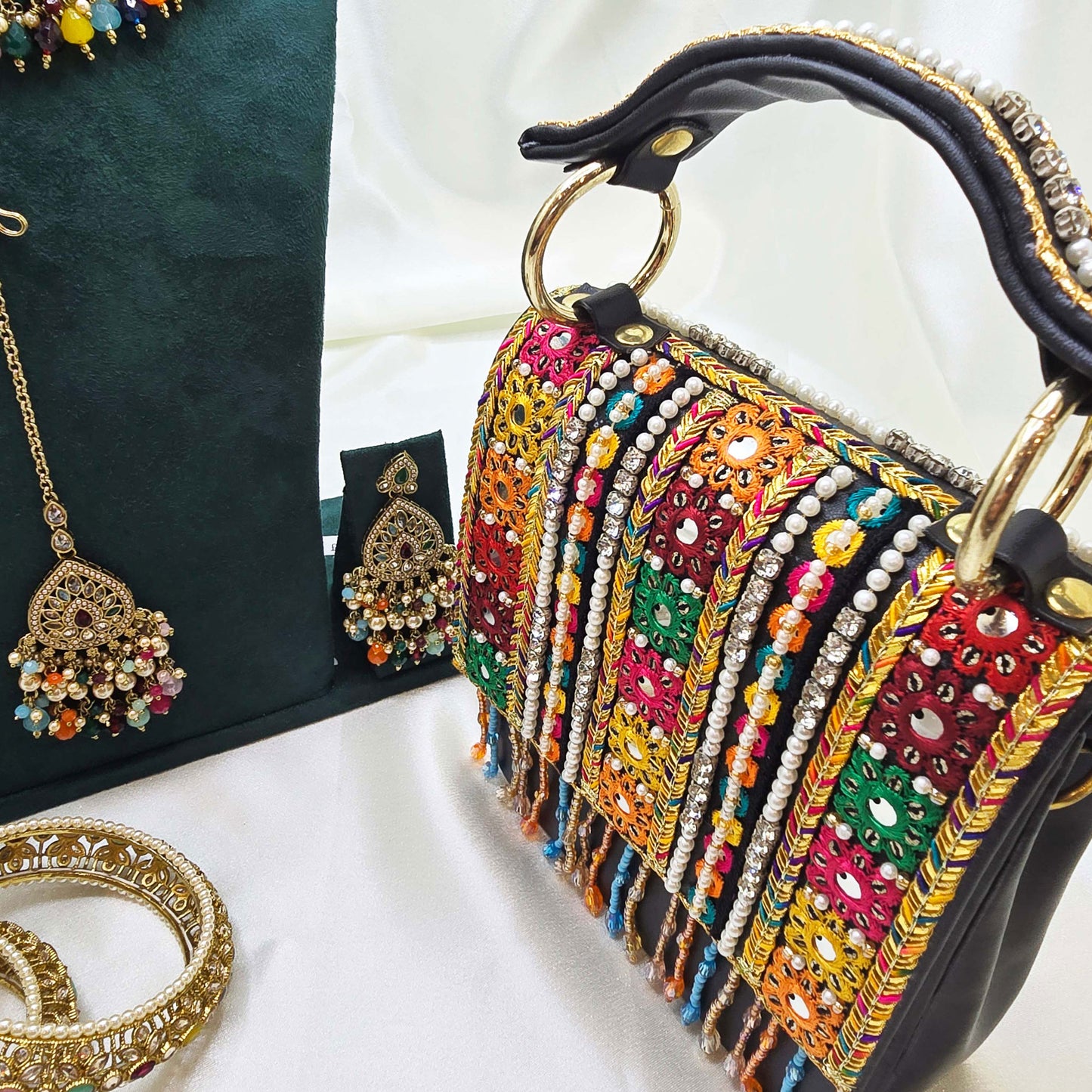 Multicolour Partywear Jewellery Set with Embroidered Bag – Modest  Fashion for Eid, Nikah & Special Events
