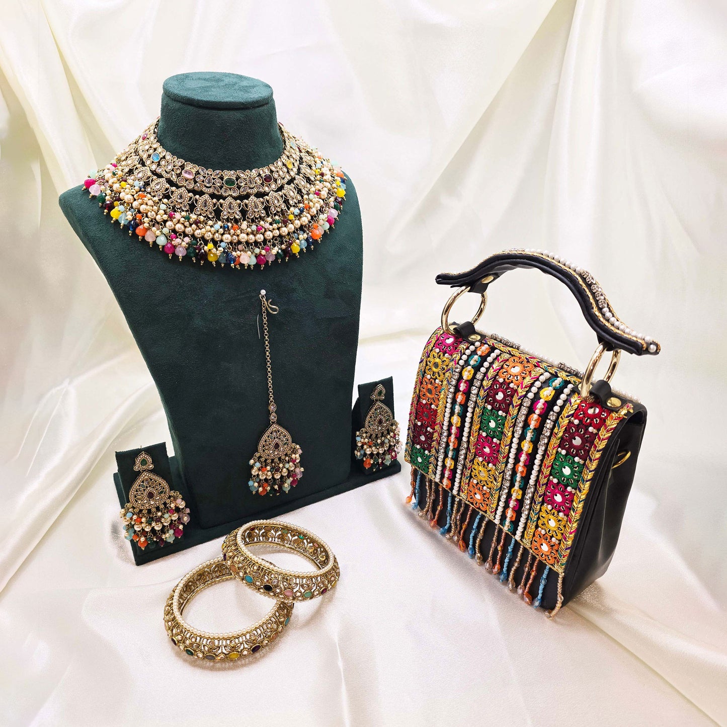 Multicolour Partywear Jewellery Set with Embroidered Bag – Modest  Fashion for Eid, Nikah & Special Events