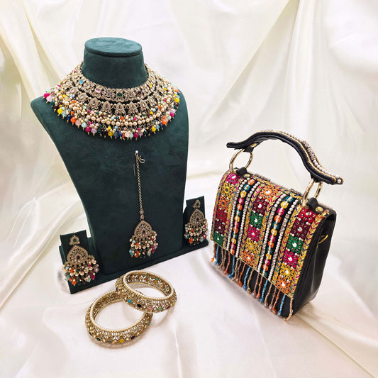 Multicolour Partywear Jewellery Set with Embroidered Bag – Modest  Fashion for Eid, Nikah & Special Events