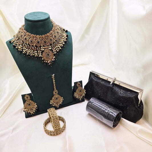 Black & Gold Partywear Jewellery Set with Modest Choker, Earrings, Bangles & Clutch – Ideal for Nikah or Evening Events