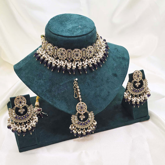 Navy Blue & Pearl Choker Jewellery Set – Modest  Occasion Wear for Nikah, Eid or Walima