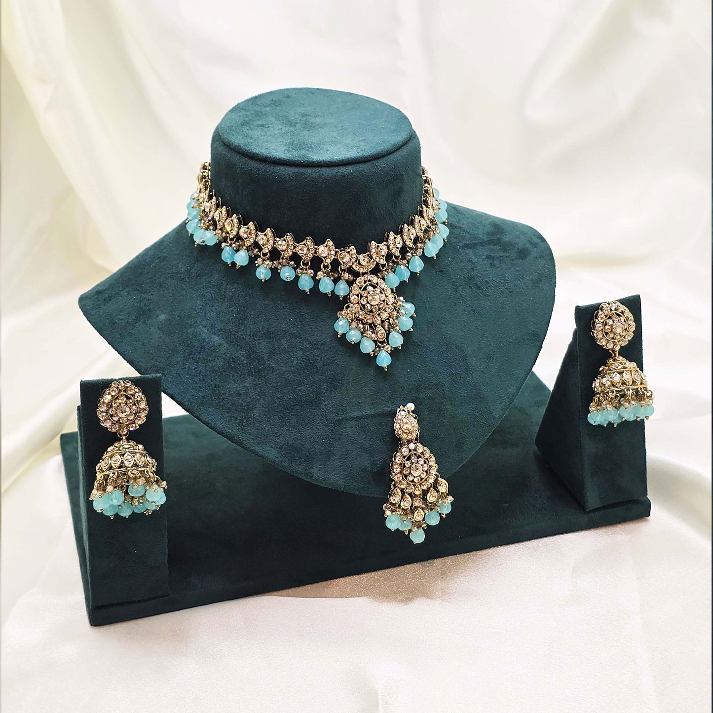 Aqua Blue Choker Jewellery Set – Modest  Partywear with Earrings and Tikka.
