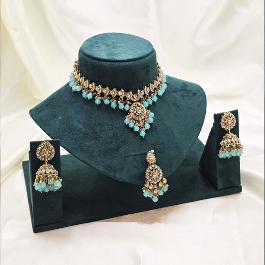 Aqua Blue Choker Jewellery Set – Modest  Partywear with Earrings and Tikka.
