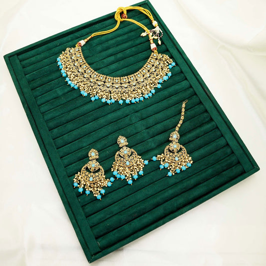 Party Set 11 – Gold-Plated Bridal Jewellery Set with Blue Beads and Kundan Work