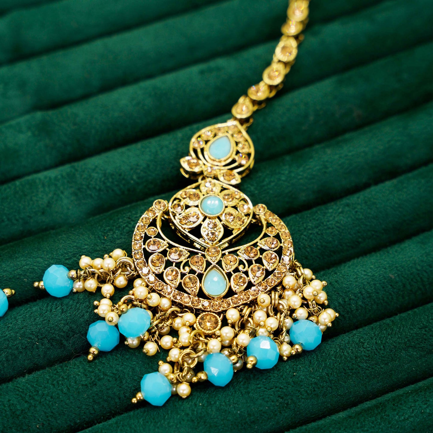Party Set 11 – Gold-Plated Bridal Jewellery Set with Blue Beads and Kundan Work
