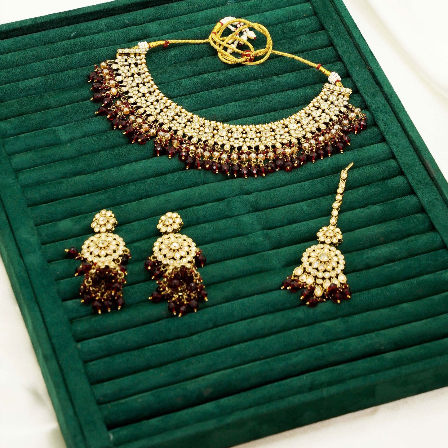Party Set 12 – Traditional Kundan Choker Jewellery Set with Maroon Beads