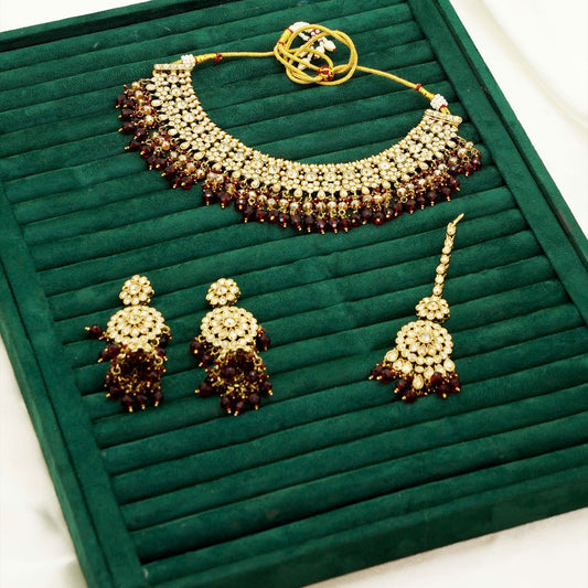 Party Set 12 – Traditional Kundan Choker Jewellery Set with Maroon Beads