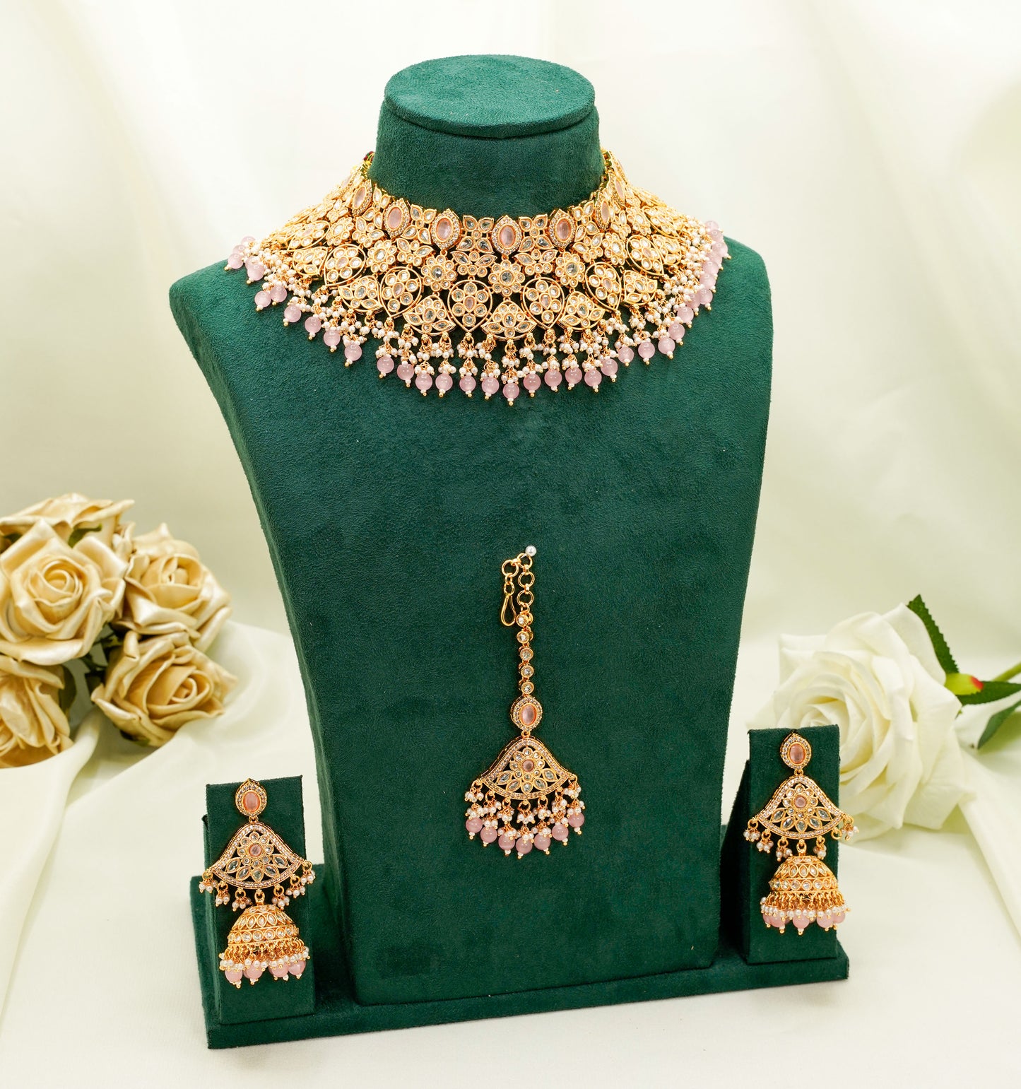 Light Pink Party Set - Choker Jewellery Set – Mehndi Necklace Set with Earrings and Tikka