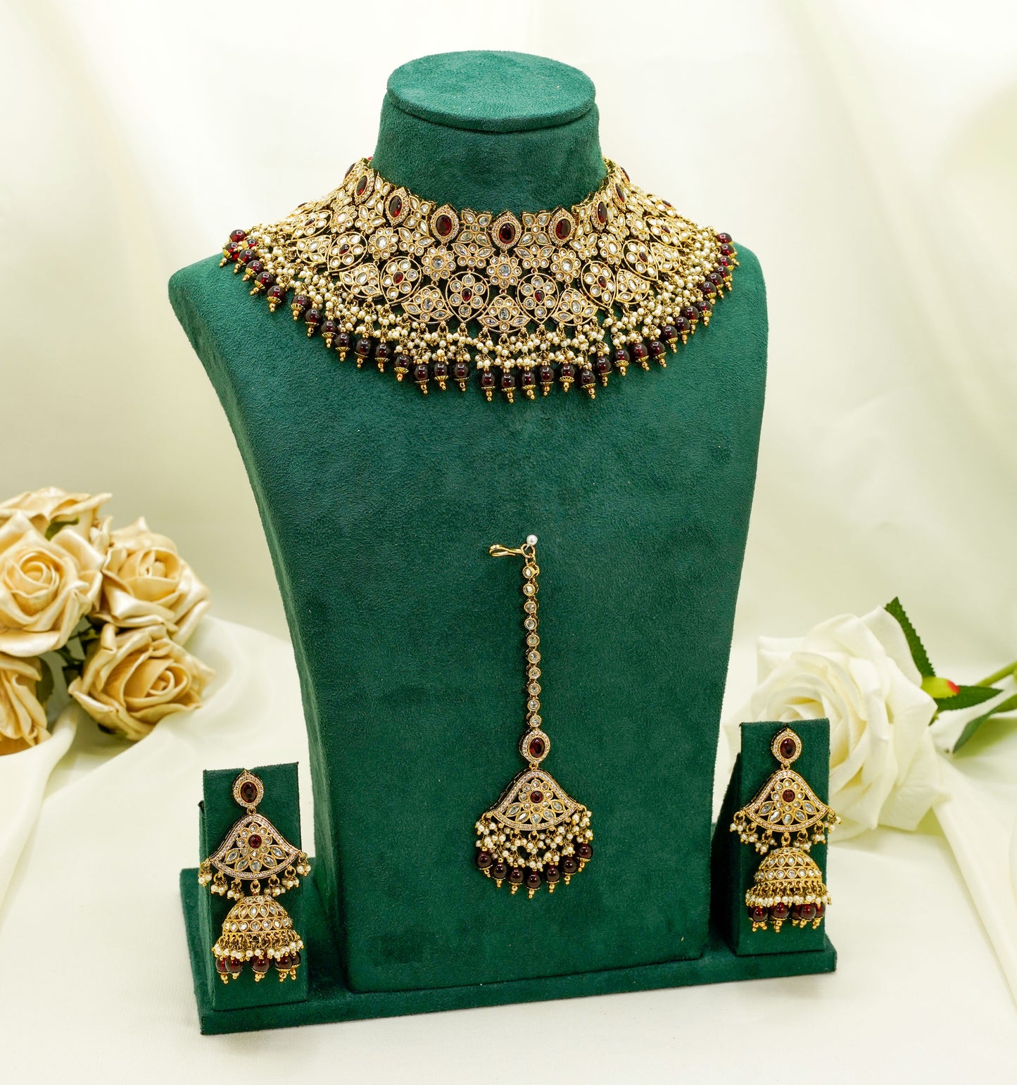 Red Party Set - Choker Jewellery Set – Mehndi Necklace Set with Earrings and Tikka