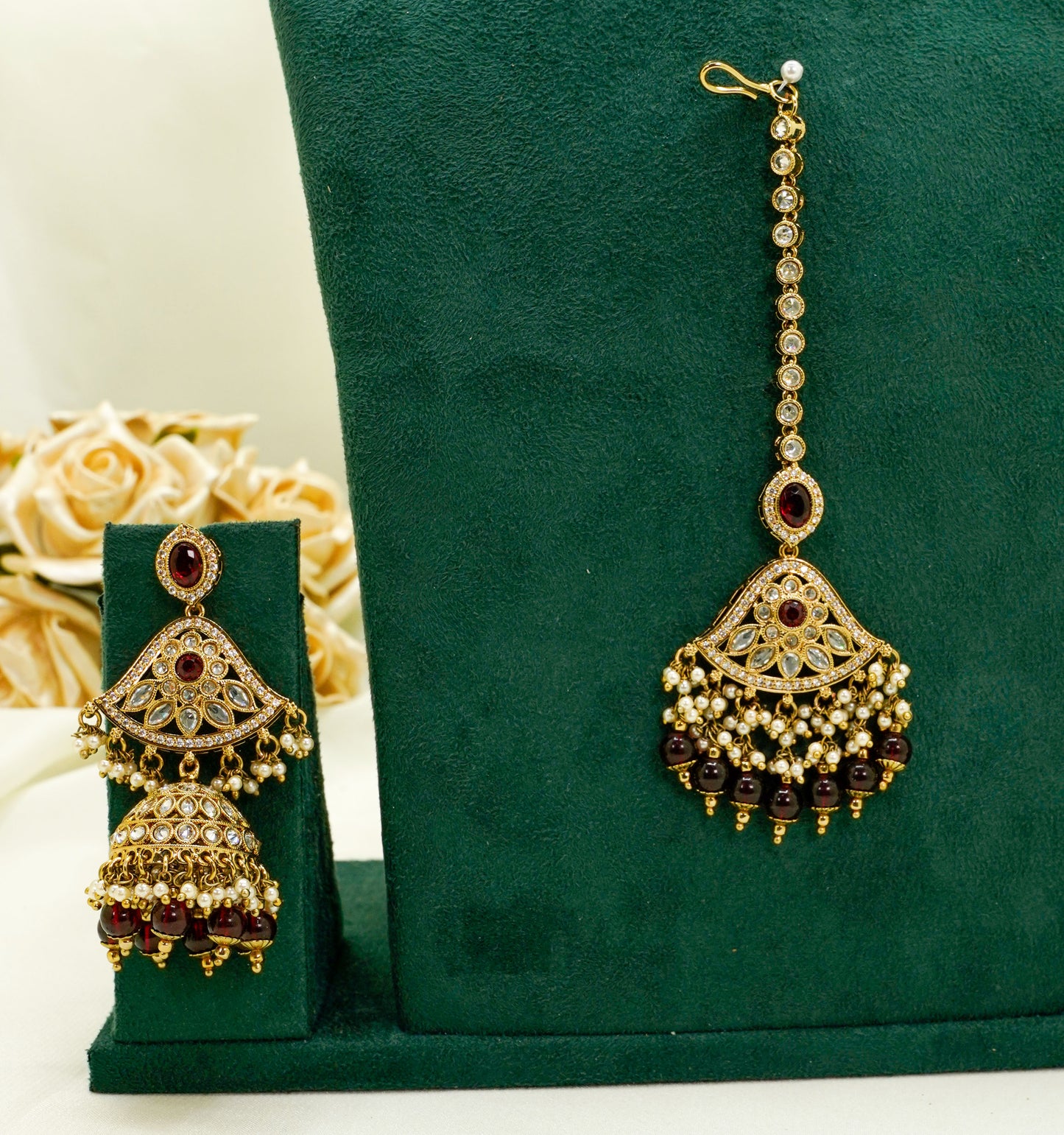 Red Party Set - Choker Jewellery Set – Mehndi Necklace Set with Earrings and Tikka