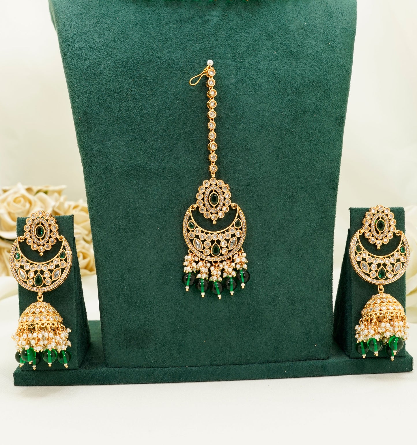 Green Party Set - Choker Jewellery Set – Mehndi Necklace Set with Earrings and Tikka
