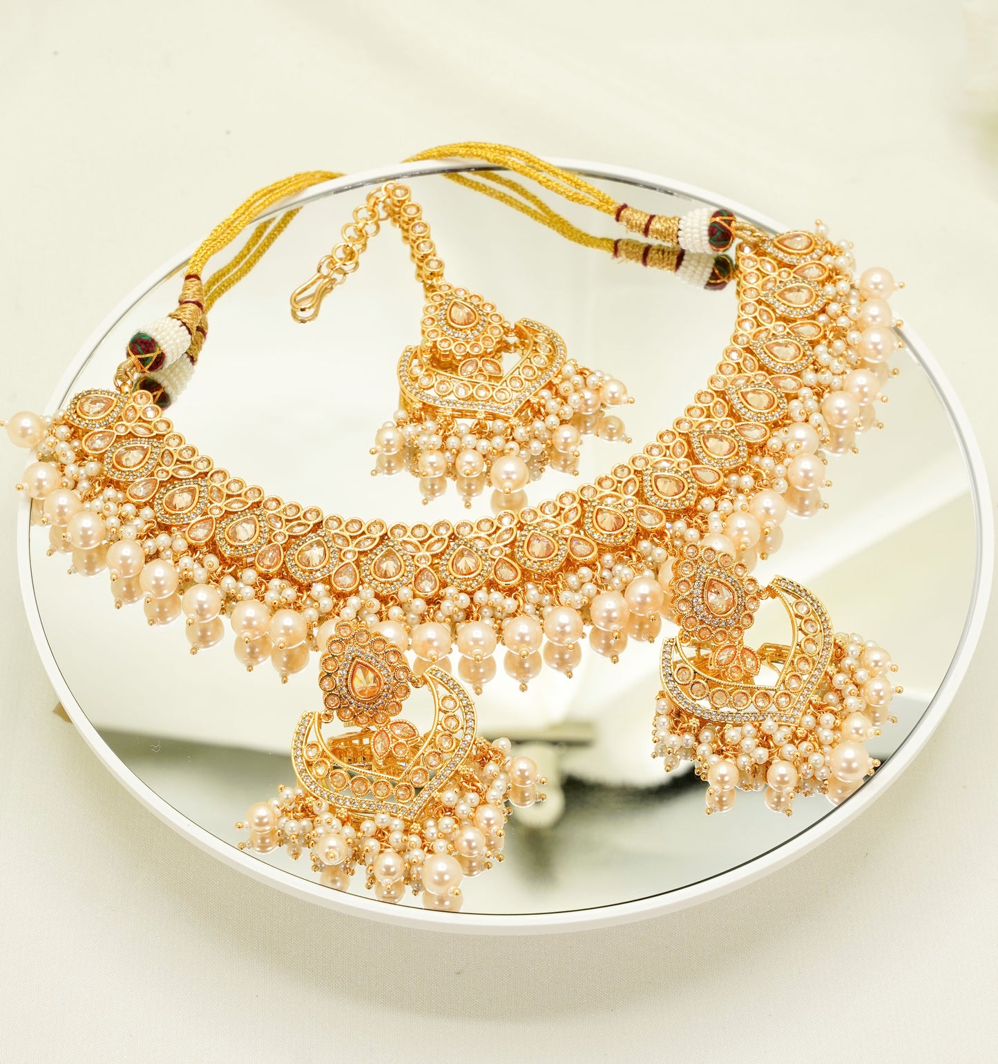 Off White Party Set - Choker Jewellery Set – Mehndi Necklace Set with Earrings and Tikka