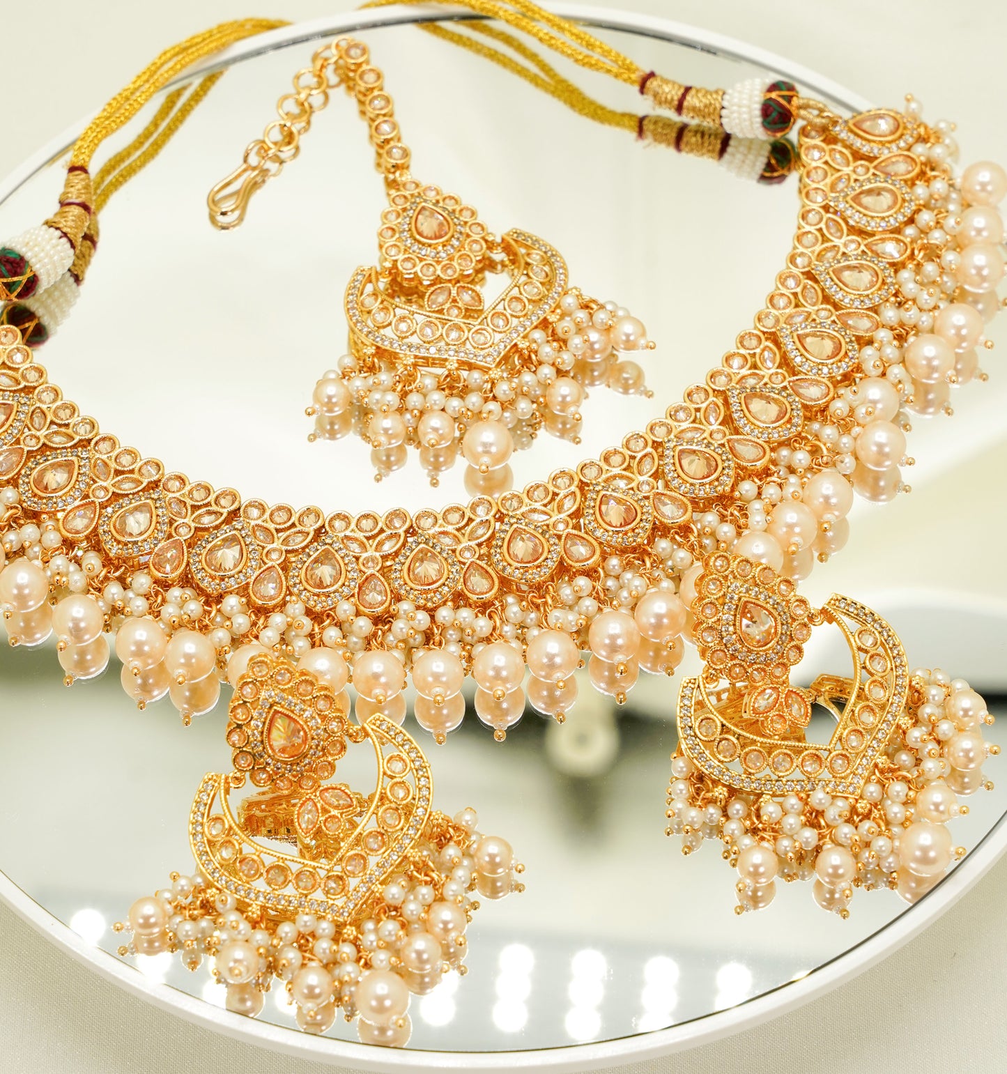 Off White Party Set - Choker Jewellery Set – Mehndi Necklace Set with Earrings and Tikka