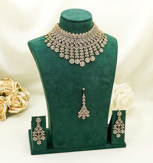 Floral Party Set - American Stone Jewellery Set – Necklace Set with Earrings & Tikka