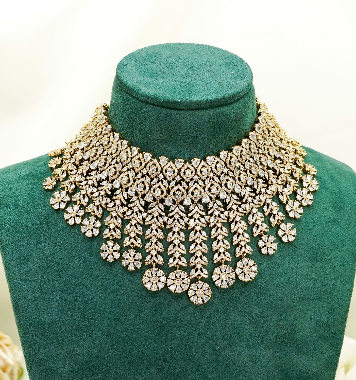 Floral Party Set - American Stone Jewellery Set – Necklace Set with Earrings & Tikka
