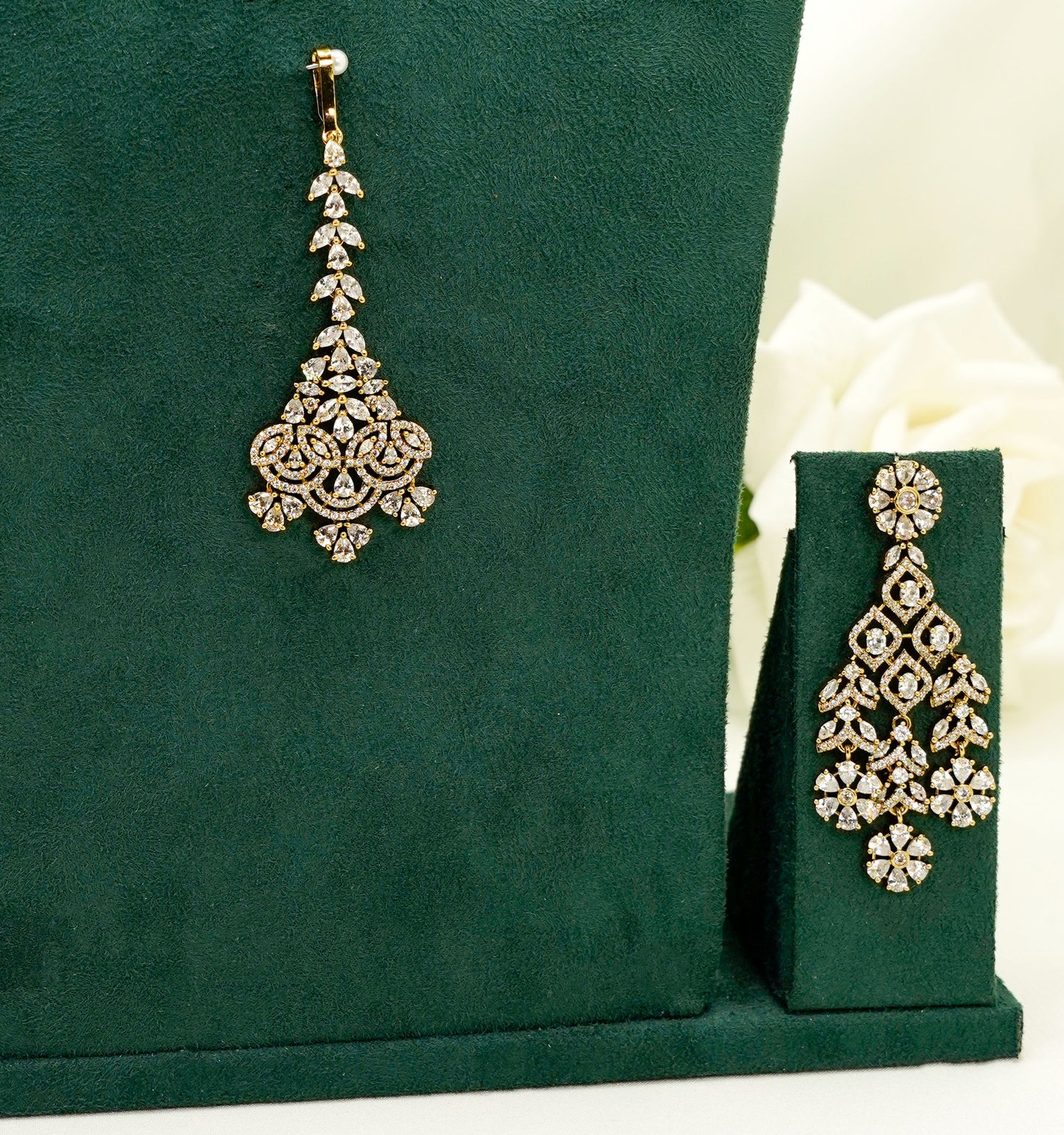 Floral Party Set - American Stone Jewellery Set – Necklace Set with Earrings & Tikka