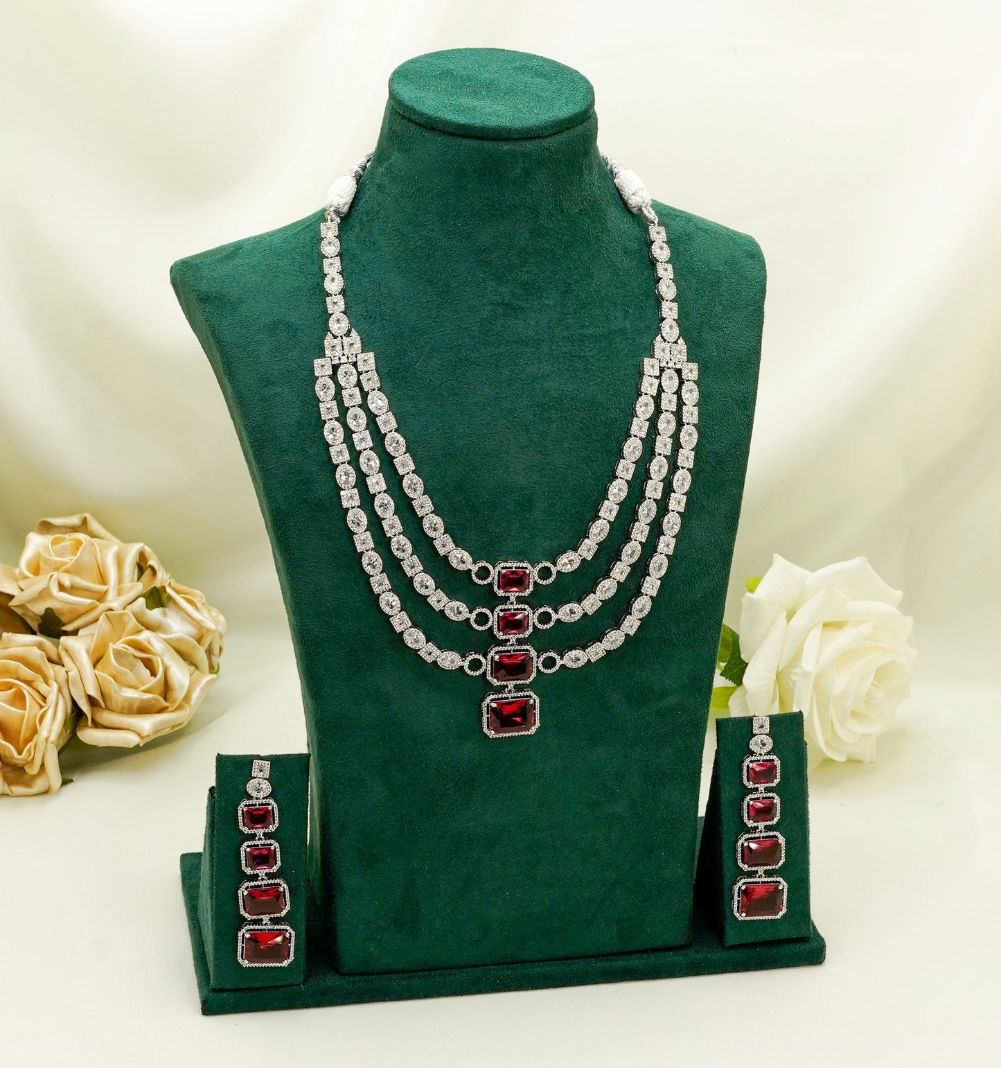 Red/Silver Party Set - American Stone Jewellery Set – Necklace Set with Earrings