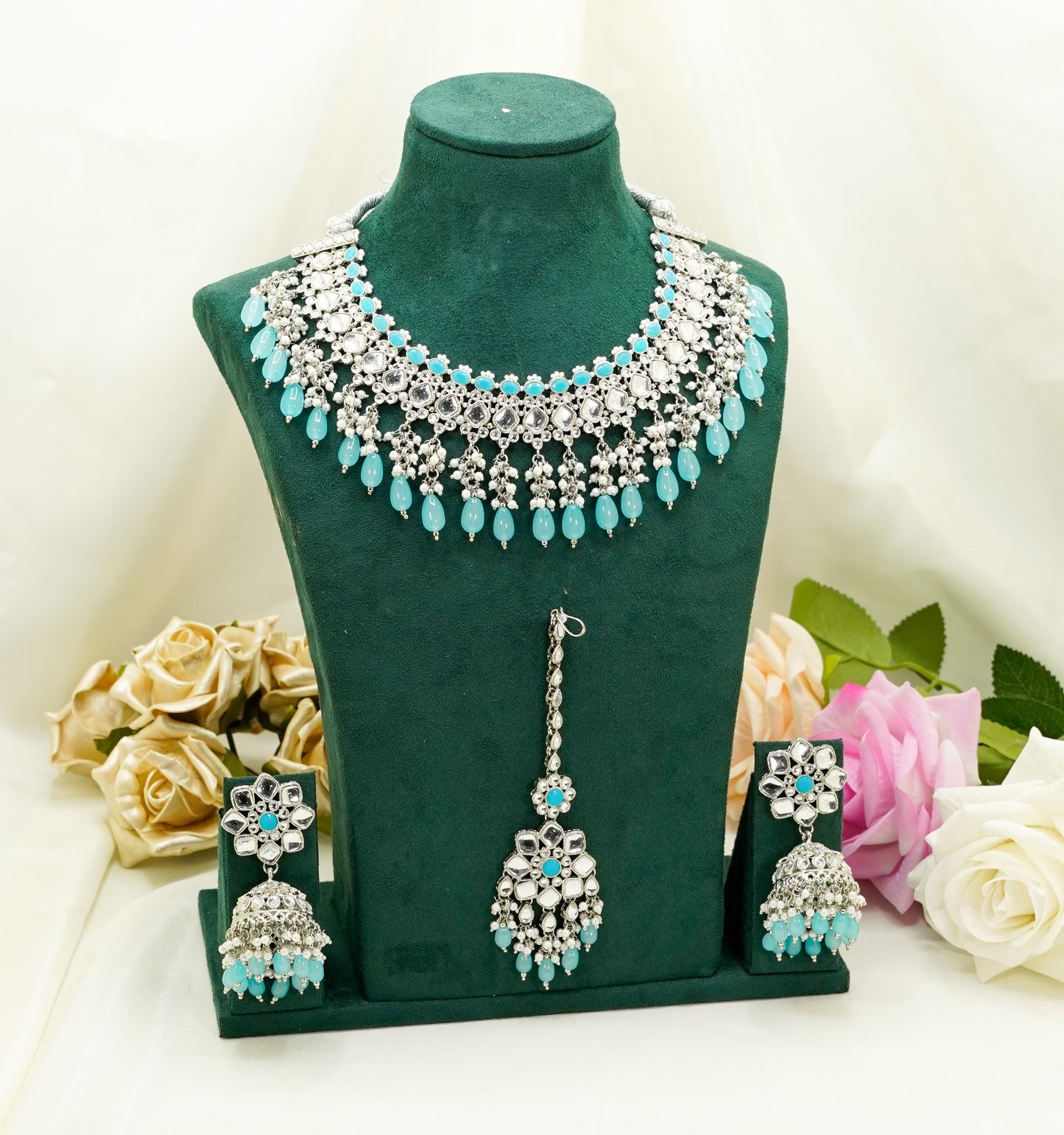 Aqua Blue Party Set - Choker Jewellery Set – Modest  Partywear with Earrings and Tikka