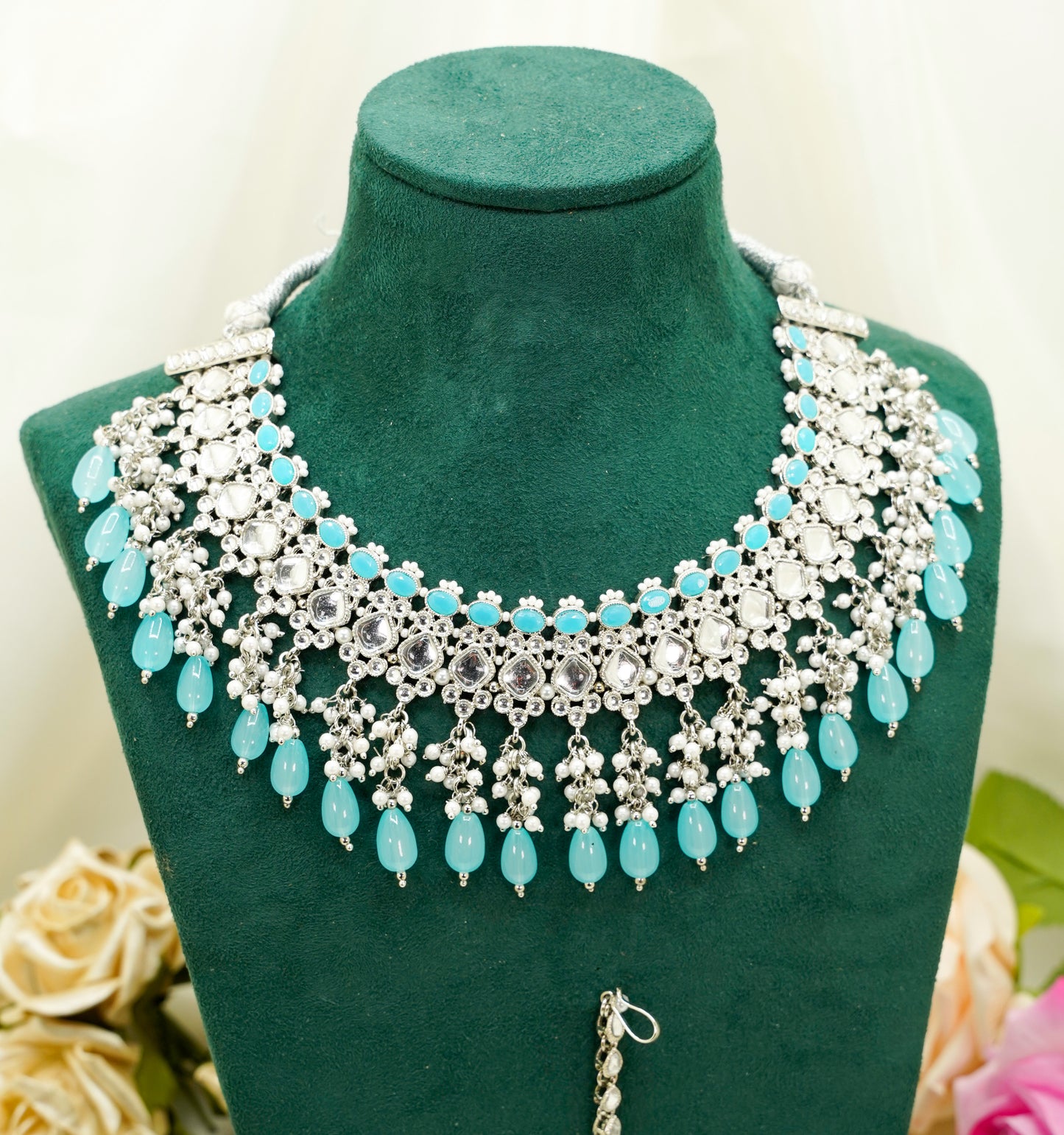 Aqua Blue Party Set - Choker Jewellery Set – Modest  Partywear with Earrings and Tikka