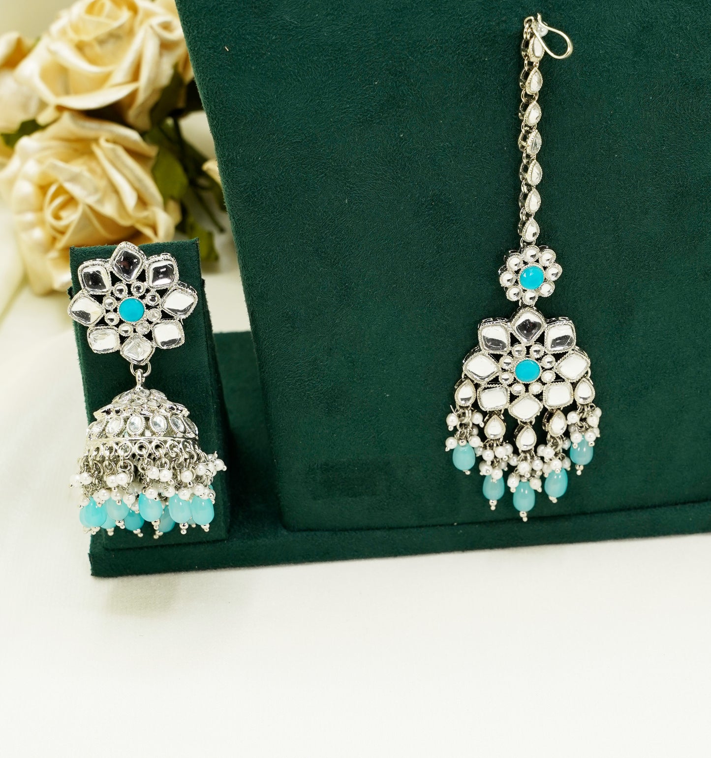 Aqua Blue Party Set - Choker Jewellery Set – Modest  Partywear with Earrings and Tikka
