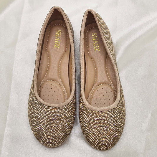 SHAHZ Shoes-07 Gold Pumps – Women’s Round Toe Slip-On Flats with Full Rhinestone Embellishment
