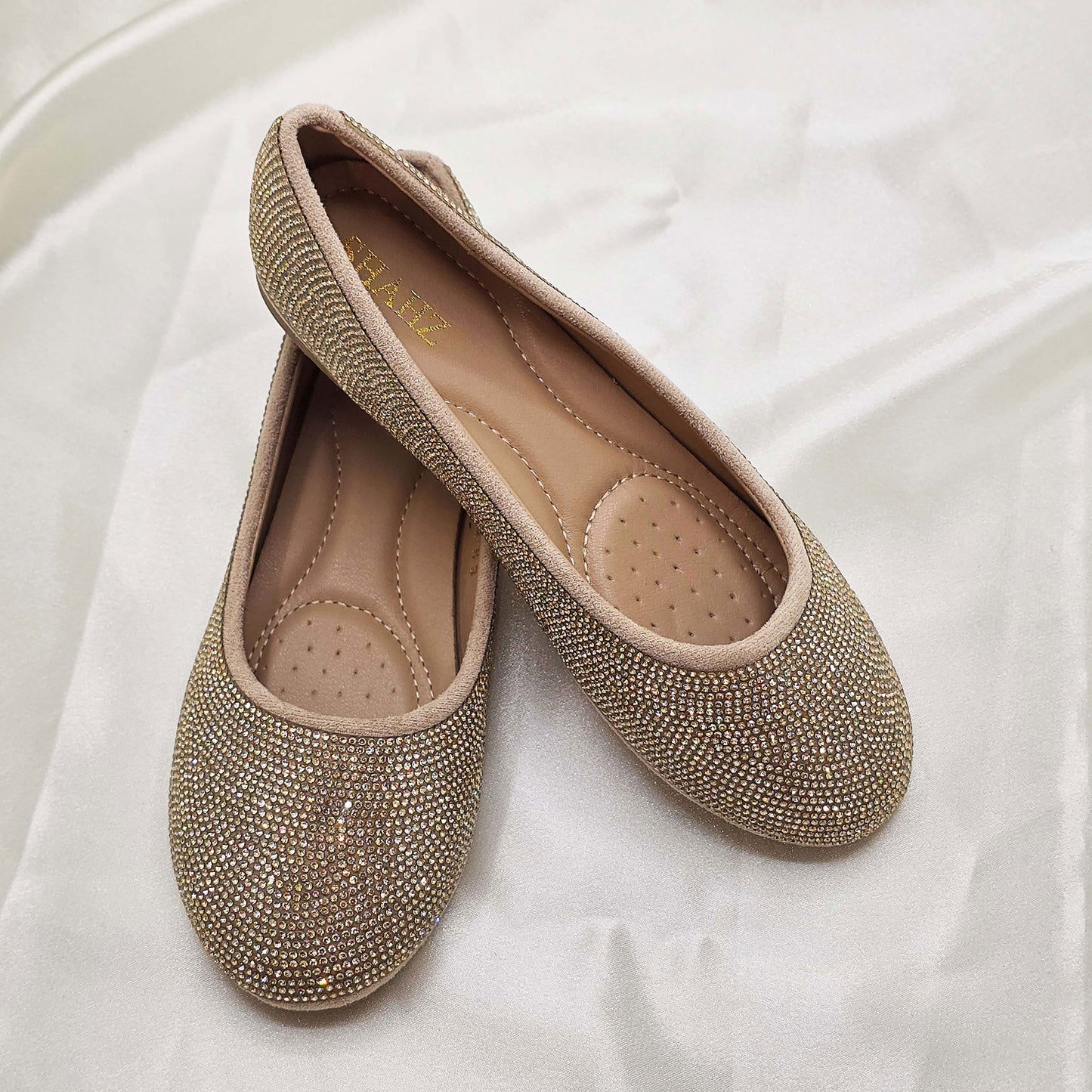 SHAHZ Shoes-07 Gold Pumps – Women’s Round Toe Slip-On Flats with Full Rhinestone Embellishment