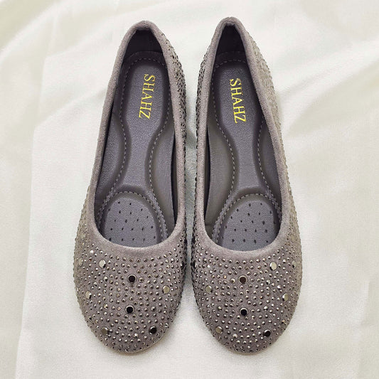 Shoes-09 Grey Flats – Round Toe Slip-On Pumps with Studded Rhinestone Detailing