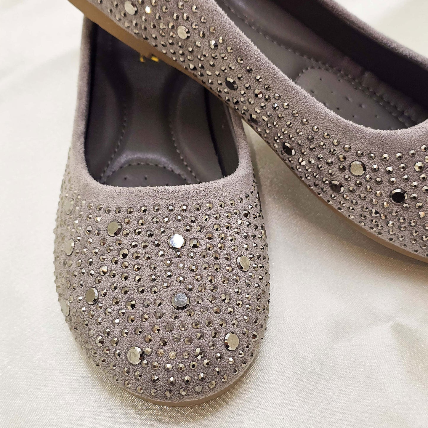 Shoes-09 Grey Flats – Round Toe Slip-On Pumps with Studded Rhinestone Detailing