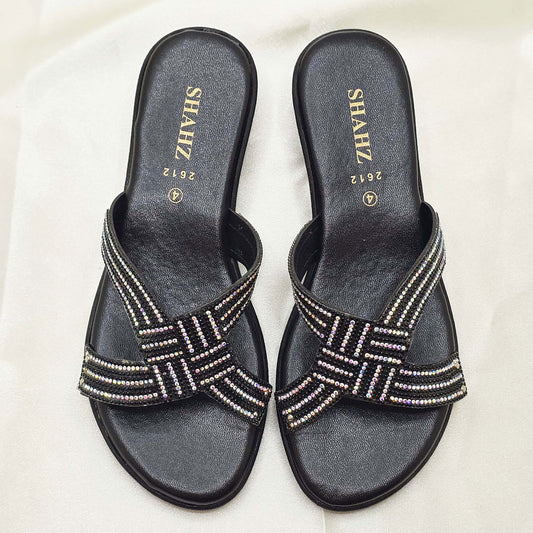 Black Rhinestone Slip-On Sandals – Modest Summer Footwear for  Women