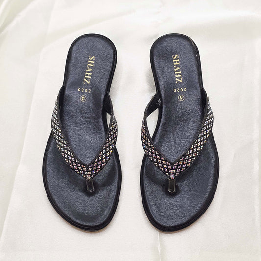 Black Sparkle Flat Sandals for  Women – Halal Summer Footwear by SHAHZ