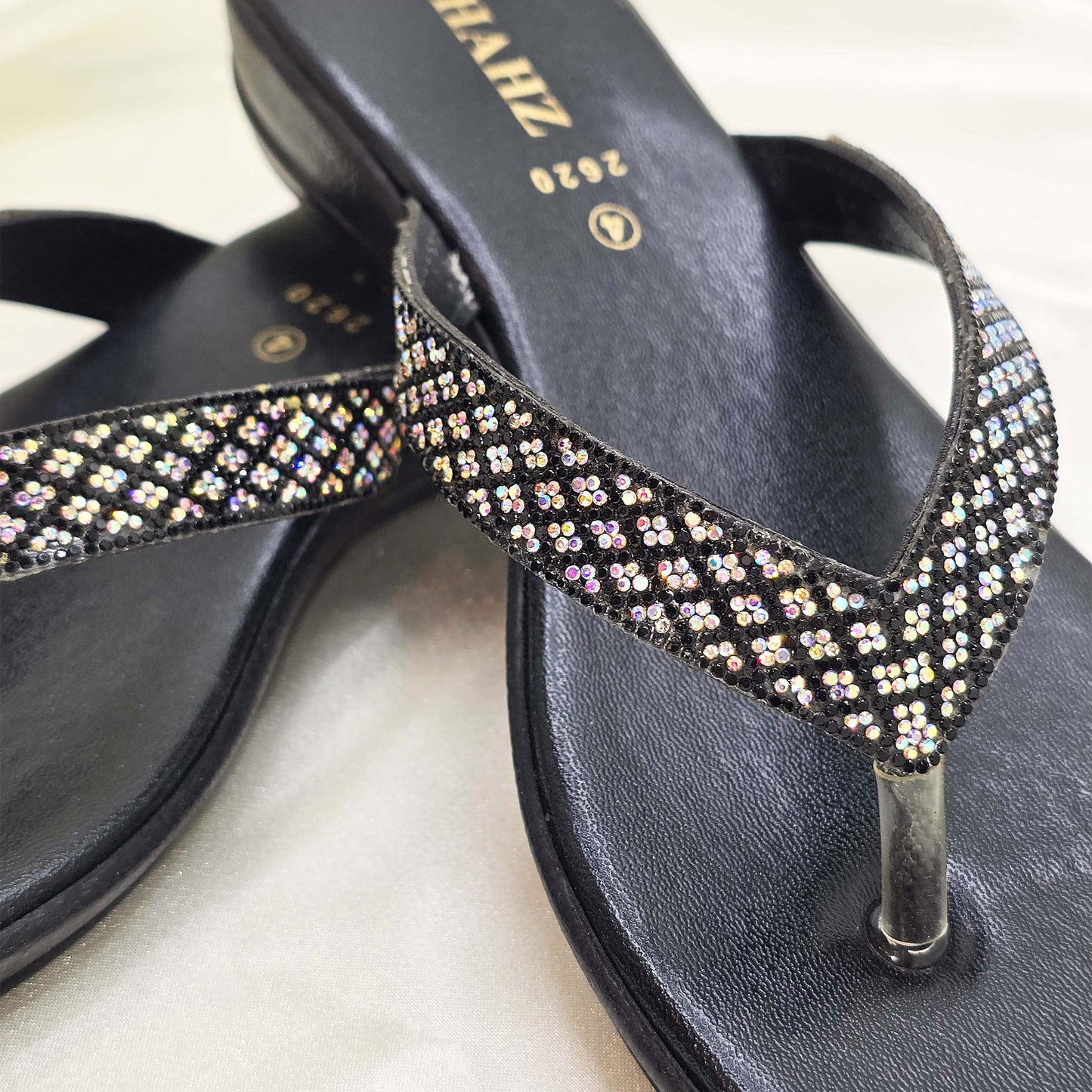 Black Sparkle Flat Sandals for  Women – Halal Summer Footwear by SHAHZ