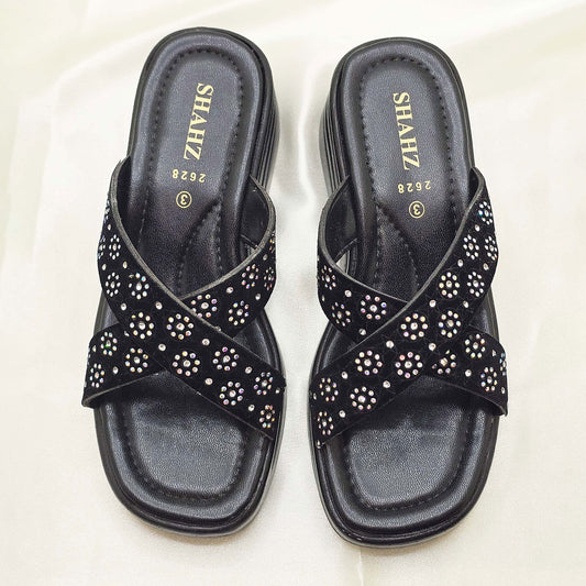 Black Sparkle Cross-Strap Slippers – Comfortable Modest Footwear by SHAHZ