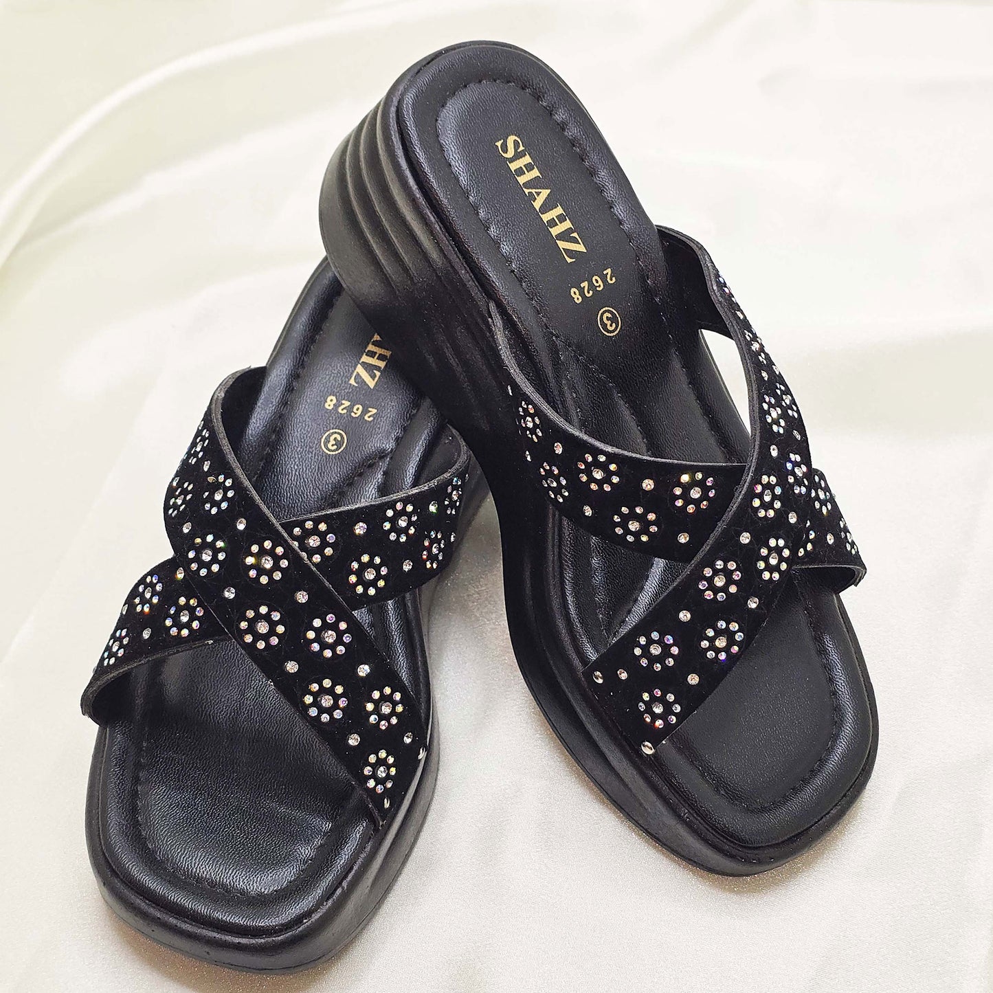 Black Sparkle Cross-Strap Slippers – Comfortable Modest Footwear by SHAHZ