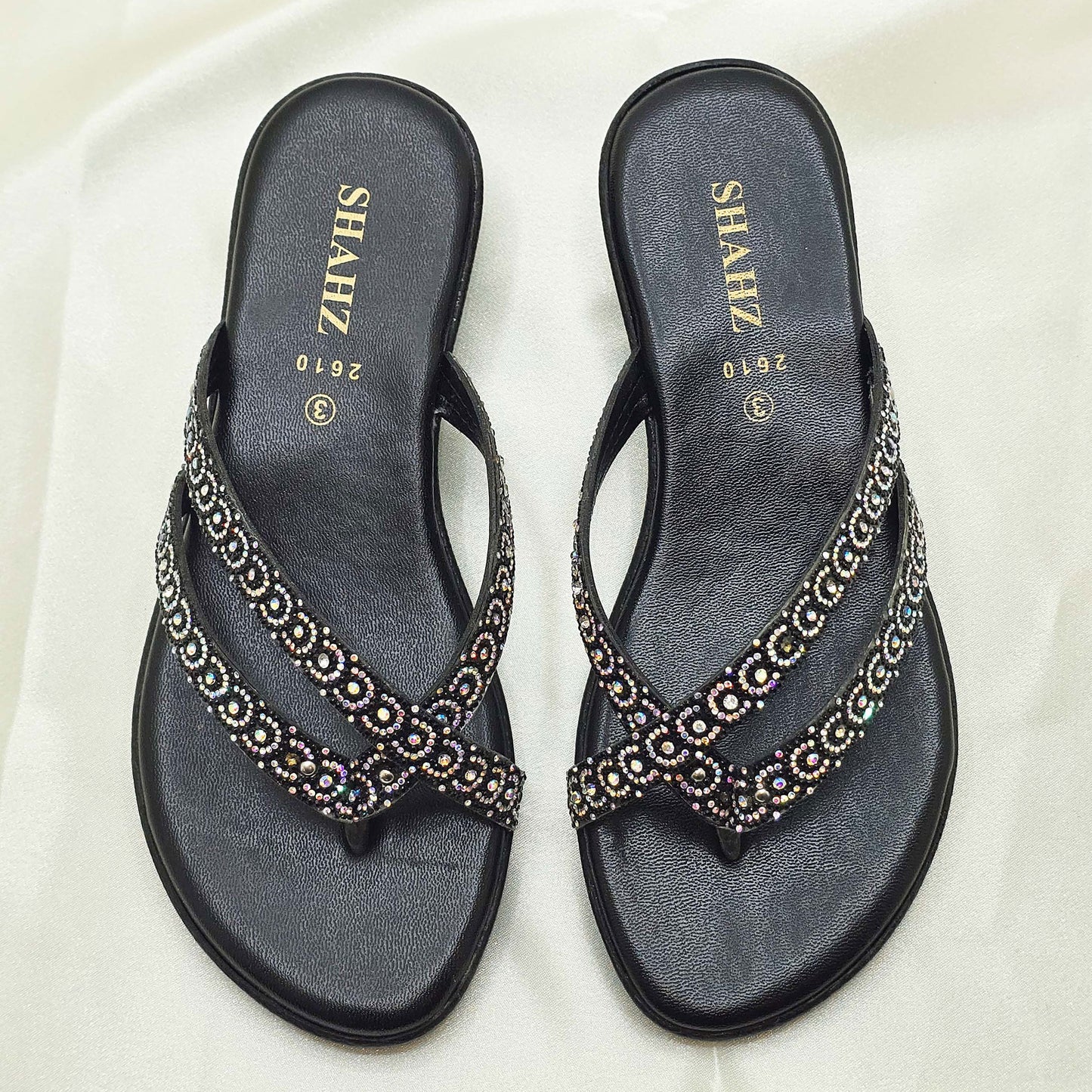 Black Glam Toe-Ring Sandals – Embellished Criss-Cross Slippers for Women - 2610