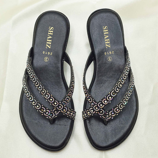 Black Glam Toe-Ring Sandals – Embellished Criss-Cross Slippers for Women - 2610