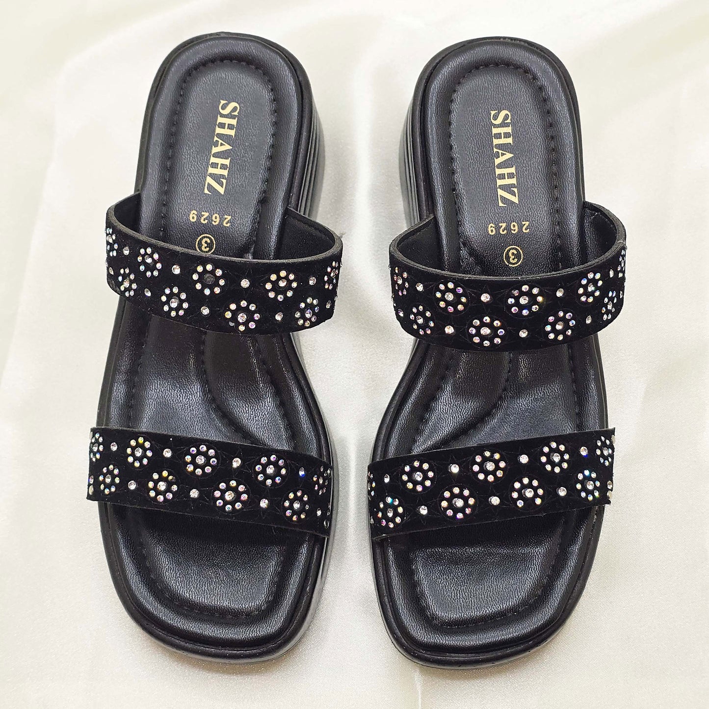 Black Gemmed Slide Sandals – SHAHZ Summer-08 Double Strap Comfort Flats for Women