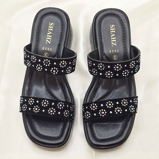 Black Gemmed Slide Sandals – SHAHZ Summer-08 Double Strap Comfort Flats for Women