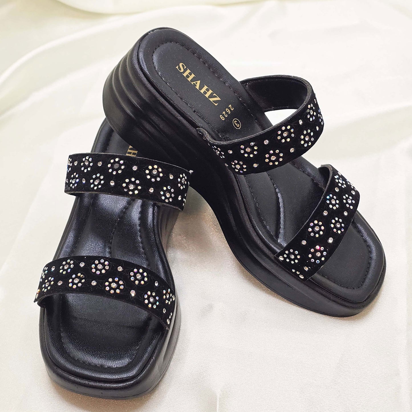 Black Gemmed Slide Sandals – SHAHZ Summer-08 Double Strap Comfort Flats for Women