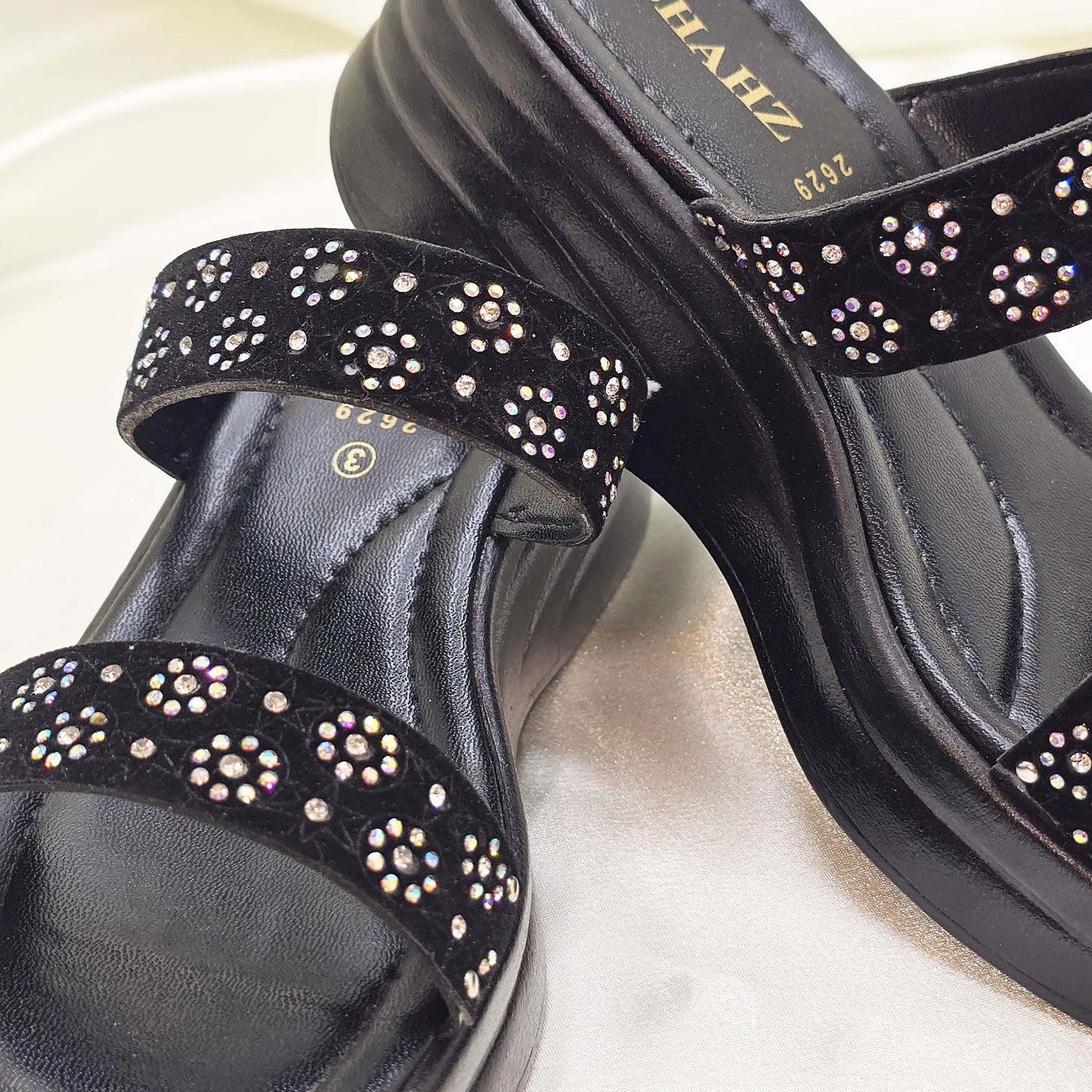 Black Gemmed Slide Sandals – SHAHZ Summer-08 Double Strap Comfort Flats for Women